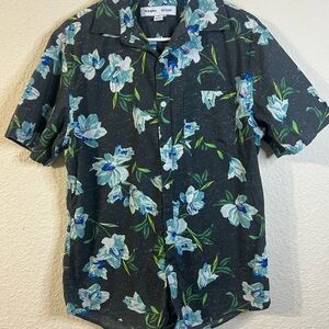 Old Navy Gray Teal Short Sleeve Button Front Floral Men's Shirt Resort Vacation